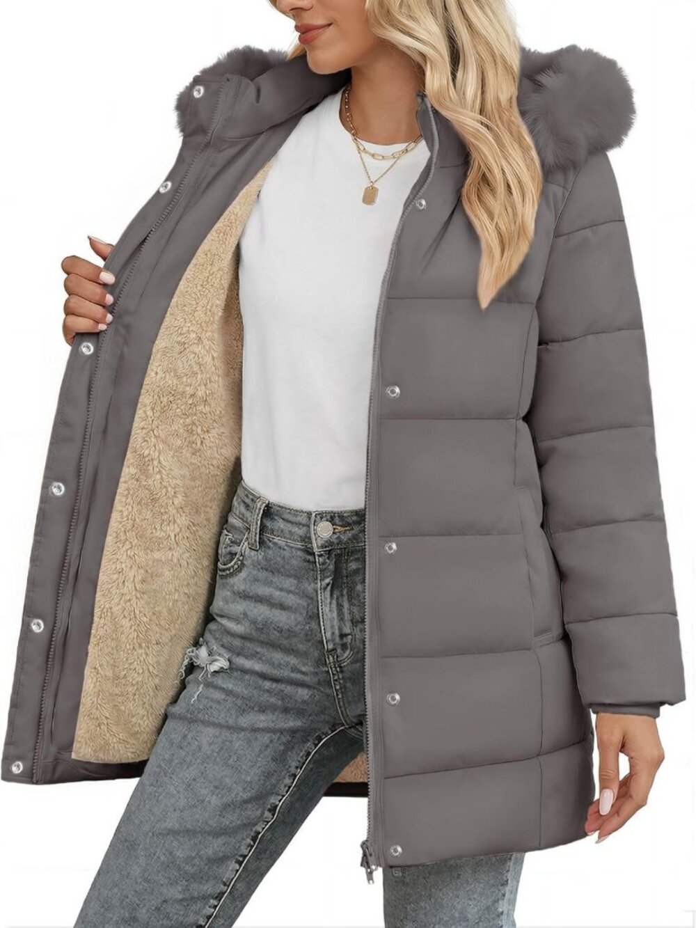 Cozy Women's Hooded Puffer Coat - Fleece Lined Winter Parka for Cold Weather